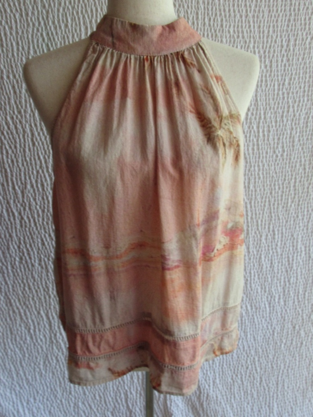 Halter Style Top L Rachel Zoe Pink Cream Abstract Art Eyelet Shirt